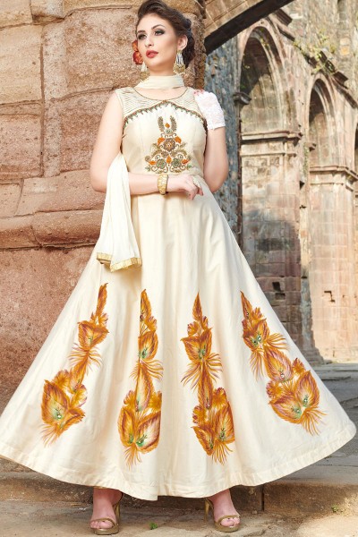 Supreme Off White Chanderi Long Length Designer Gown