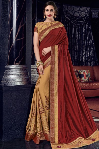 Stylish Maroon and Golden Georgette Embroidered Designer Saree With Banglori Silk Blouse