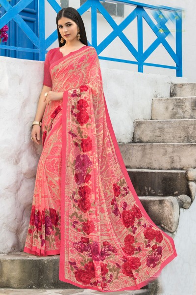 Stylish Pink Georgette Printed Casual Saree With Georgette Blouse