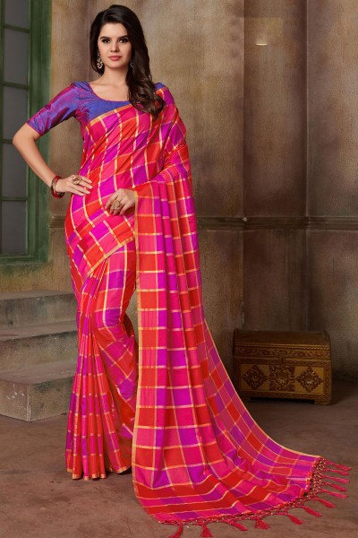 Stylish Magenta and Red Silk Printed Saree With Silk Blouse