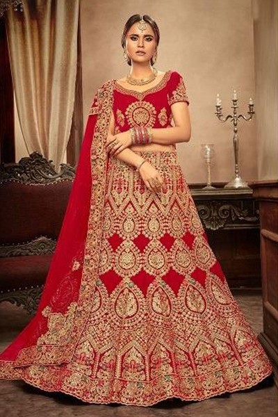 Admirable Red Velvet Designer Embroidered Bridal Lehenga Choli With Net Dupatta