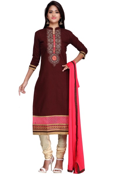 Desirable Brown Cotton Embroidered Casual Salwar Suit With Nazmin Dupatta