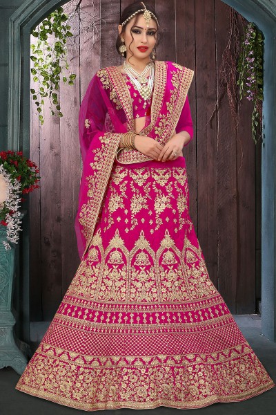 Excellent Pink Velvet Embroidered Work Bridal Lehenga Choli With Net Dupatta