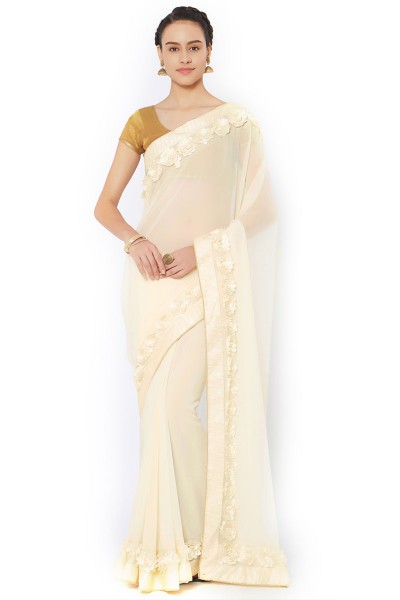Beautiful White Georgette Embroidered Saree With Jacquard Blouse