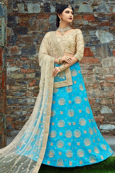 Graceful Sky Blue Silk Embroidered Work Designer Lehenga Choli With Net Dupatta