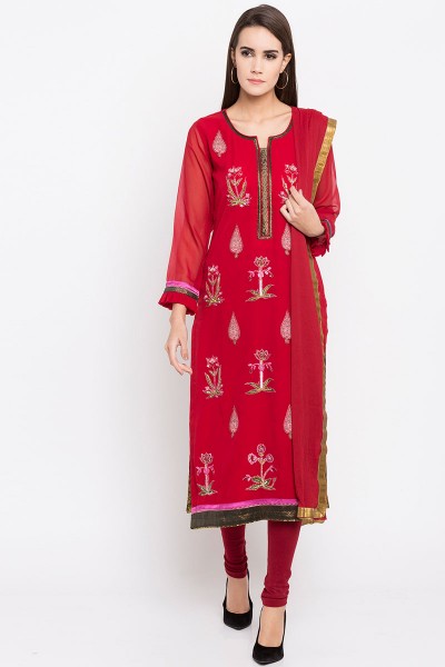 Optimum Red Faux Georgette Plus Size Readymade Salwar Suit With Faux Chiffon Dupatta