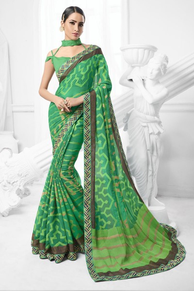 Desirable Green Brasso Printed Saree With Banglori Silk Fabric