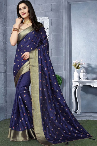 Stylish Blue Resham Embroidered Saree With Resham Blouse
