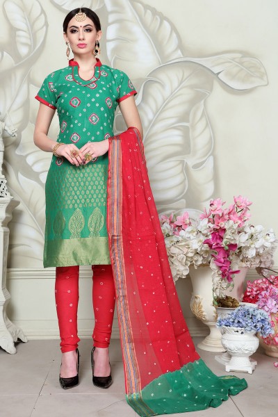 Beautiful Turquoise Satin and Cotton Printed Casual Salwar Suit