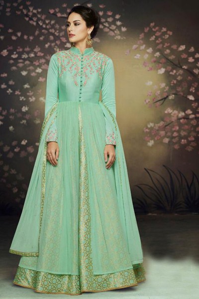 Classic Turquoise Net Embroidered Long Length Designer Gown
