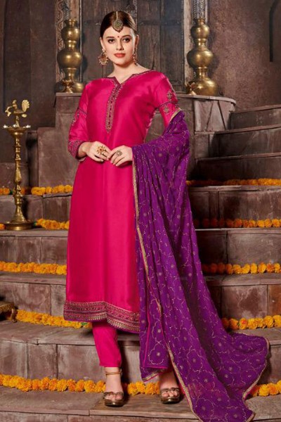 Desirable Pink Satin and Georgette Embroidered Designer Salwar Suit
