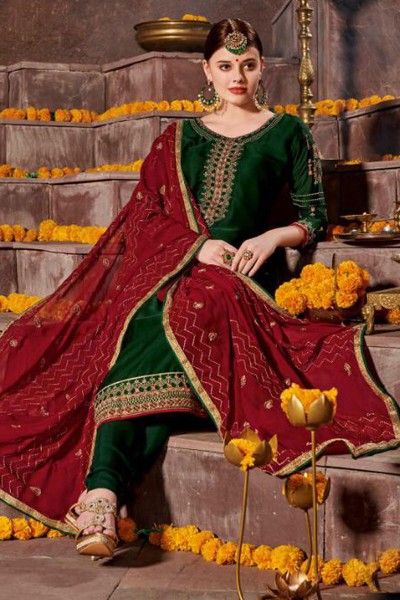 Lovely Green Satin and Georgette Embroidered Designer Salwar Suit
