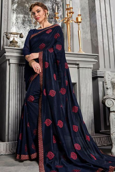 Stylish Navy Blue Jacquard and Silk Embroidered Saree With Art Silk Blouse
