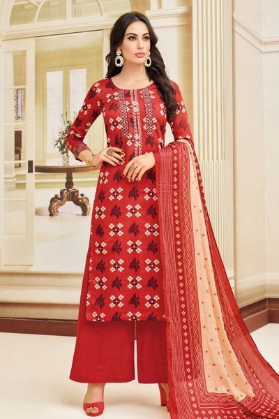 Desirable Red Chanderi Embroidered Designer Plazo Salwar Suit