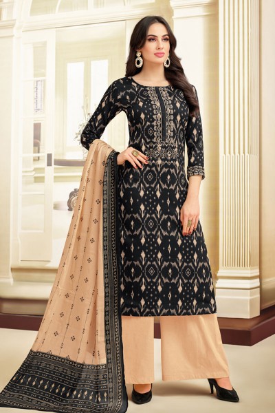 Admirable Black Chanderi Embroidered Designer Plazo Salwar Suit
