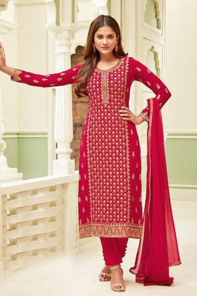 Charming Red Georgette Embroidered Designer Salwar Suit With Chiffon Dupatta
