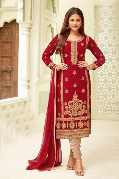 Desirable Red Georgette Embroidered Designer Salwar Suit With Chiffon Dupatta
