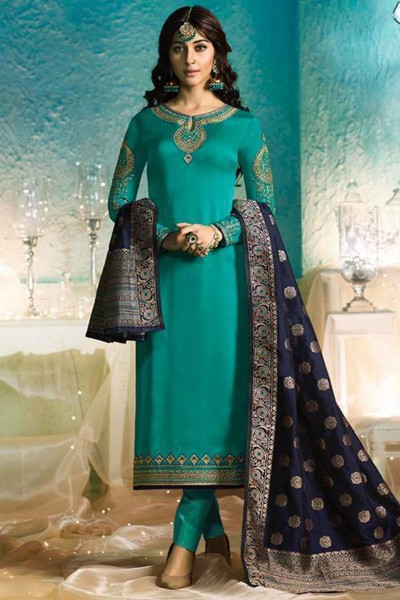 Classic Green Satin and Georgette Embroidered Designer Salwar Suit With Banarasi Silk Dupatta