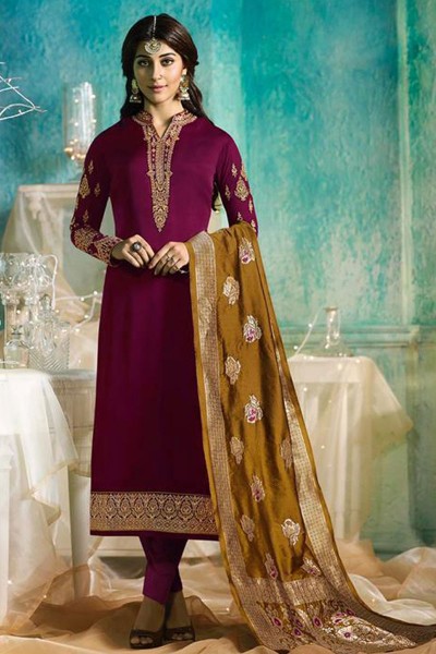 Charming Violet Satin and Georgette Embroidered Designer Salwar Suit With Banarasi Silk Dupatta
