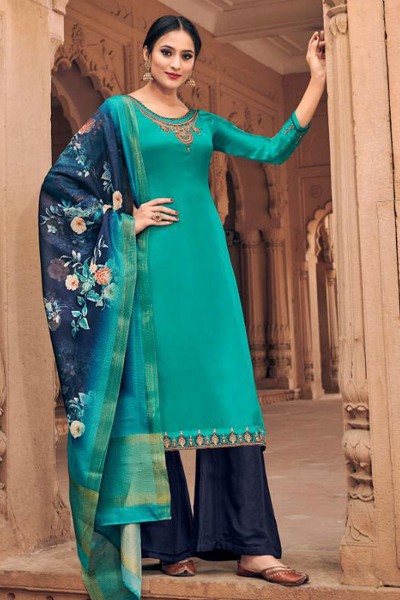Stylish Turquoise Satin and Georgette Embroidered Designer Plazo Salwar Suit With Silk Dupatta