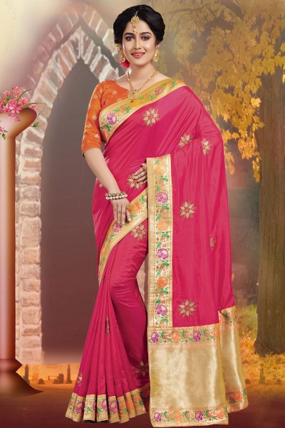 Pretty Pink Embroidered Silk Saree With Silk Blouse