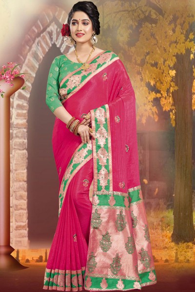 Gorgeous Pink Embroidered Silk Saree With Silk Blouse