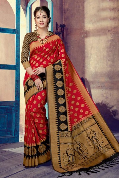 Desirable Red and Black Silk Jaquard Work Saree With Silk Blouse