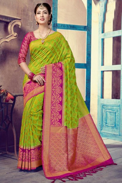 Excellent Green Silk Jaquard Work Saree With Silk Blouse