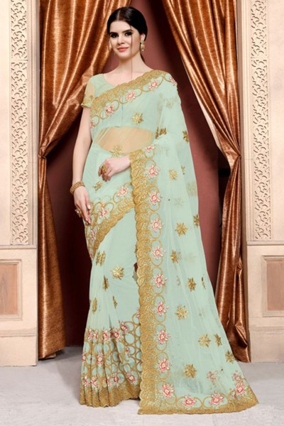 Gorgeous Turquoise Net Embroidered Designer Saree With Net Blouse
