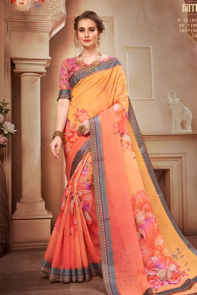 Desirable Orange Linen Printed Saree With Linen Blouse