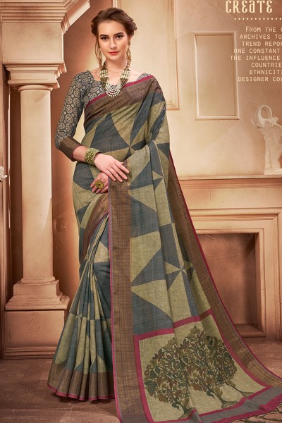 Ultimate Grey Linen Printed Saree With Linen Blouse