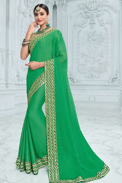 Pretty Green Chiffon Embroidered Saree With Chiffon Blouse