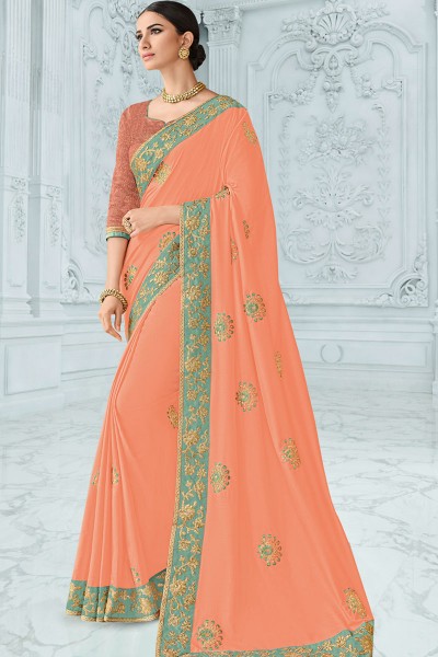 Excellent Peach Silk Embroidered Saree With Silk Blouse