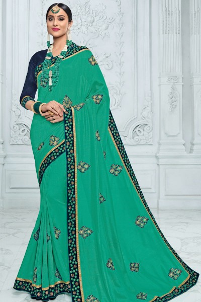 Supreme Turquoise Silk Embroidered Saree With Silk Blouse
