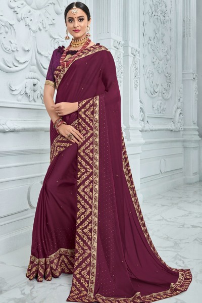 Desirable Purple Georgette Embroidered Saree With Georgette Blouse