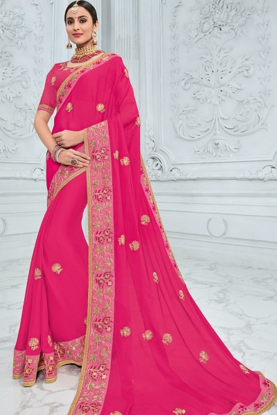 Classic Pink Chiffon Embroidered Saree With Chiffon Blouse