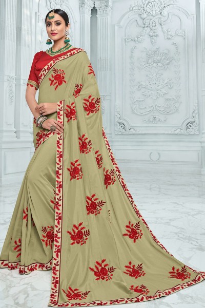 Stylish Green Silk Embroidered Saree With Silk Blouse