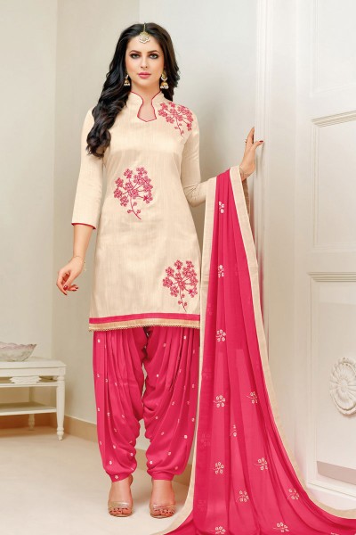 Lovely Cream Cotton Printed Patiala Salwar Suit With Nazmin Dupatta