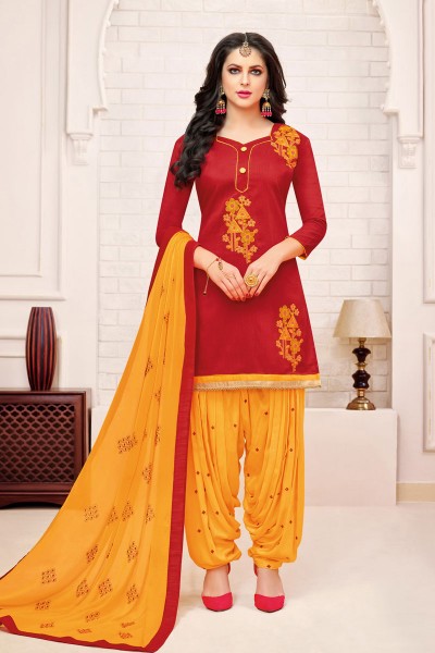 Admirable Red Cotton Printed Patiala Salwar Suit With Nazmin Dupatta