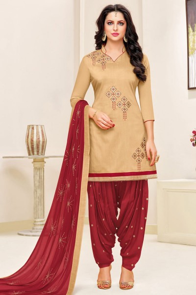 Stylish Beige Cotton Printed Patiala Salwar Suit With Nazmin Dupatta