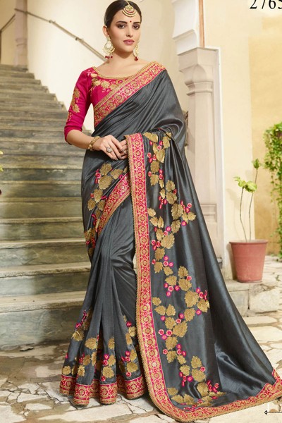 Desirable Grey Silk Embroidered Saree With Silk Blouse