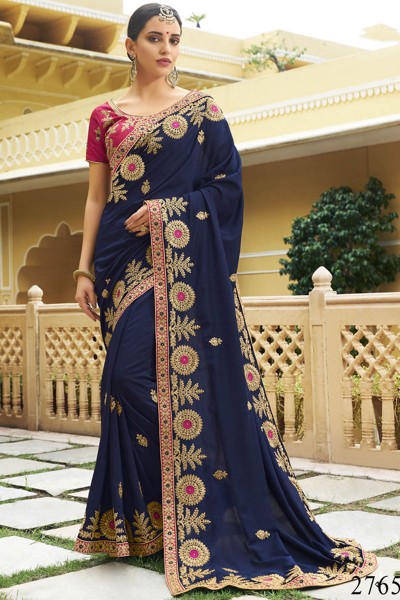 Supreme Navy Blue Maslin Embroidered Saree With Silk Blouse