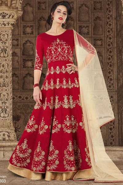 Gorgeous Red Silk Casual Embroidery Worked Salwar Suit