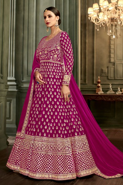 Charming Pink Silk Embroidered Designer Anarakali Salwar Suit With Nazmin Dupatta