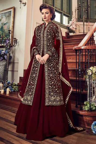 Stylish Maroon Velvet Embroidered Designer Plazo Anarkali Salwar Suit