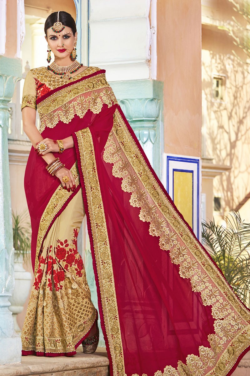 Red Georgette Embroidered Bridal Saree 1103 | Saree designs, Party wear  sarees, Casual saree
