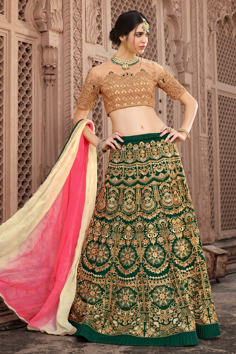 Buy Pretty Green and Golden Banglori Silk Lehenga Choli with Chiffon  Dupatta at best price - Gitanjali Fashions