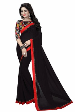 Lace Work Georgette Black Color Daily Wear Plain Saree With Printed Blouse 
