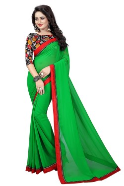 Lace Work Georgette Green Color Daily Wear Plain Saree With Printed Blouse