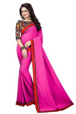 Lace Work Georgette Pink Color Daily Wear Plain Saree With Printed Blouse 